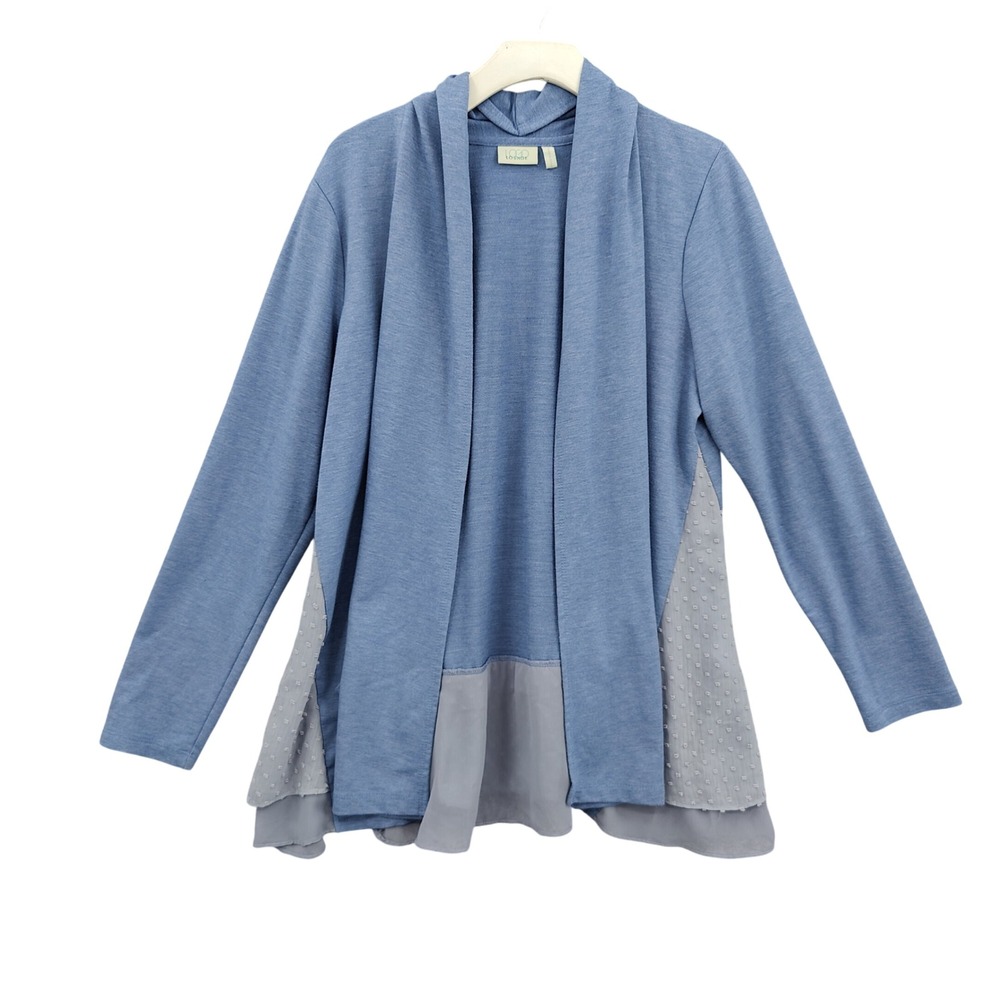 LOGO Lounge Womens Coastal Grandma Boho Cardigan M Blue Swiss Dot Ruffle Shawl